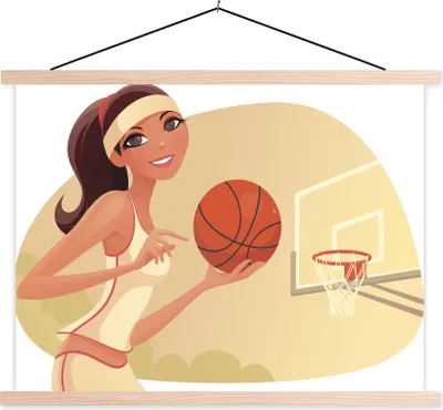 Produktbild von MuchoWow® Textilposter Eine Illustration einer Basketballspielerin 120x90 cm mit holzfarbenen Rahmen - Magnetisch