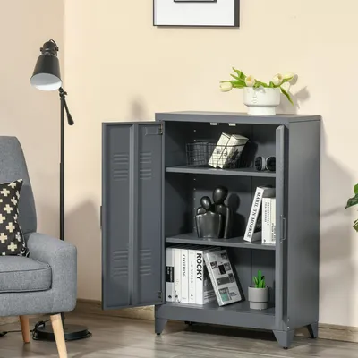 Produktbild von Sweiko Aktenschrank mit Lamellentüren, Lagerschrank, Metallschrank mit 2 verstellbaren Einlegeböden, 75 x 33 x 110 cm, Grau