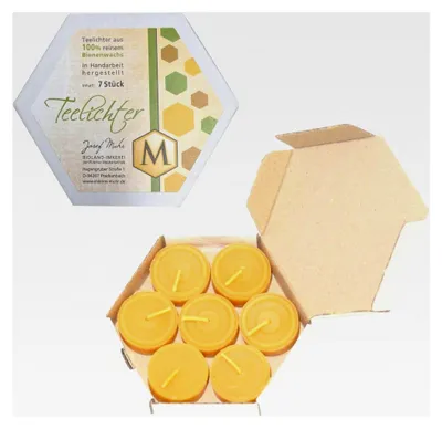 Produktbild von Handgefertigte Teelichter aus Bienenwachs - 7 Stück - Set - 100% reines Bienenwachs - Natürlich duftend - 35 x 20 mm - Sechseckige Geschenkbox - In Karton - Schachtel
