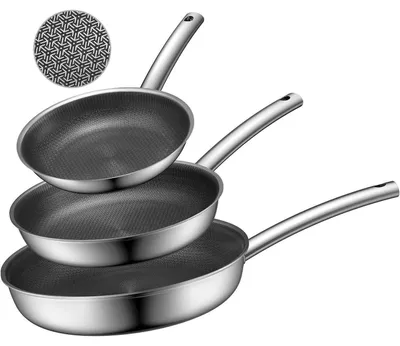 Obrázek produktu pro Sada tří pánví z nerezové oceli, vhodná pro indukční vařiče, ocelová struktura, bez obsahu PFAS/PFOA, průměry 20, 24 a 28 cm