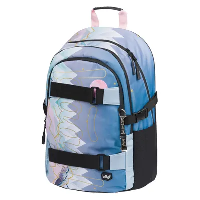 A backpack with a colorful, abstract design.