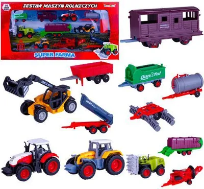 A collage of various toy farm vehicles and machinery, including tractors, trailers, an excavator, and a train car.