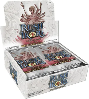 A display box of trading card game booster packs.