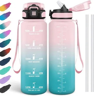 Produktbild von Famanu Trinkflasche 1L - BPA-freie Flasche mit Strohhalm für Schule, Fahrrad und Fitness