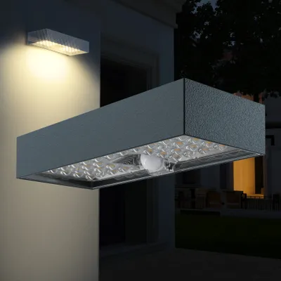 Produktbild von HEXIM LIGHT Solar Wandleuchte Bewegungsmelder Akku 4000K Neutralweiss 6W Fassade Garten IP65 modern Außenwandleuchte (anthrazit)