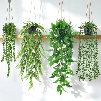 Produktbild von Hängepflanzen-Dekoration – Set aus 4 – Künstliche Hängepflanzen – Efeu, Eukalyptus, Farn – Wartungsfrei