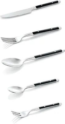 A set of cutlery, including a knife, fork, and spoons, arranged vertically against a white background.