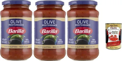 Produktbild von Barilla Olive Mediterranee Pasta-Sauce – 3 x 400 g (1,2 kg) | Tomaten & grüne/schwarze Oliven – fruchtig-herzhaft, servierfertig, ohne Konservierungsstoffe + Italian Gourmet polpa
