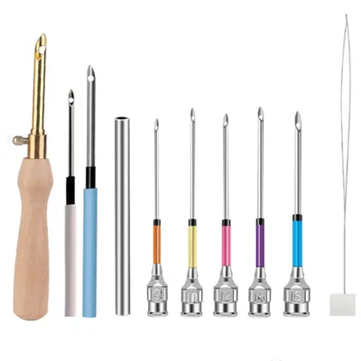 Produktbild von 10 Stück Stanznadel Set, Verstellbar Punch-Needle-Werkzeug Holzgriff Stickstift Inklusive Punch-Nadeln und Einfädler für Erwachsene Anfänger