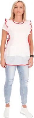 Produktbild von Chasuble Kasack Überwurf Schürze Dederon Nylon Nostalgie Rüsche weiß , Größe:M, Paspel:rot