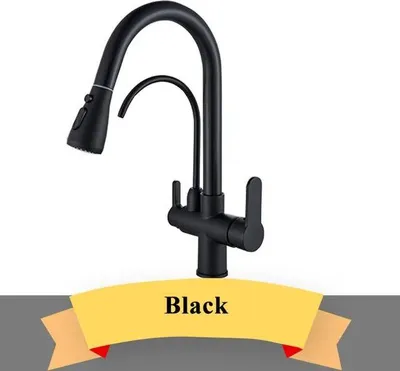 Immagine prodotto di Miscelatore per cucina con filtro dell'acqua, due manopole, beccuccio girevole a 360°, doccetta estraibile, per acqua calda e fredda, finitura nera opaca