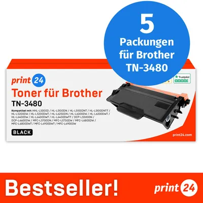 Produktbild von : print24 Toner für Brother TN3480, Kompatibel mit Brother DCP 5500, HL-L 5000, MFC-L 5700, u.v.m., 5 Stück