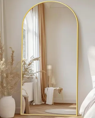 Immagine prodotto di Specchio a figura intera, specchio da terra a figura intera, specchio da parete a figura intera con cornice in lega di alluminio e vetro antisfondamento. Specchio curvo da pavimento per soggiorno o cabina armadio