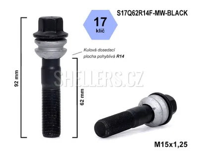 Obrázek produktu pro Kolový šroub M15x1,25x62 kulový R14, pohyblivá plocha, klíč 17, S17Q62R14F-MW-BLACK, černý, výška 92 mm