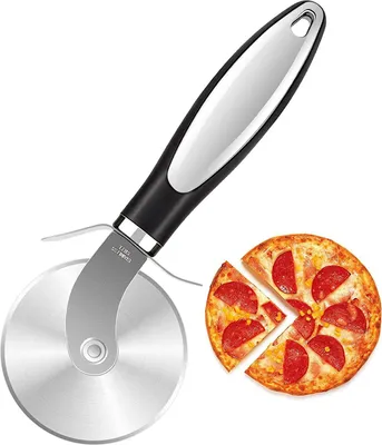 Produktbild von Pizzaschneider, Pizzaroller aus Edelstahl - Zerteilt Pizza mühelos in servierfähige Stücke- Handlicher Pizza Cutter mit Fingerschutz