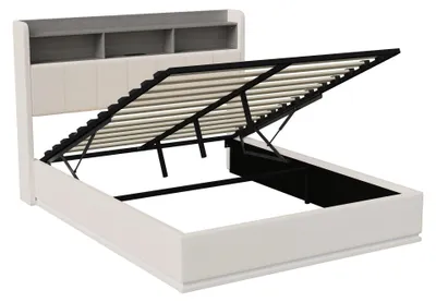Produktbild von Polsterbett - Doppelbett 160x200 cm - Bettkasten mit Hydraulik - LED-Kopfteil mit USB-Ladung - Lattenrost - Weiß