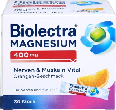 Produktbild von Biolectra Magnesium 400 mg Nerven & Muskeln Vital Direktstick mit Orangen-Geschmack, 30 St. Beutel