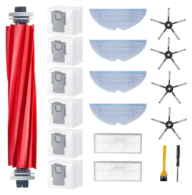 A collection of robot vacuum cleaner accessories laid out on a white background.