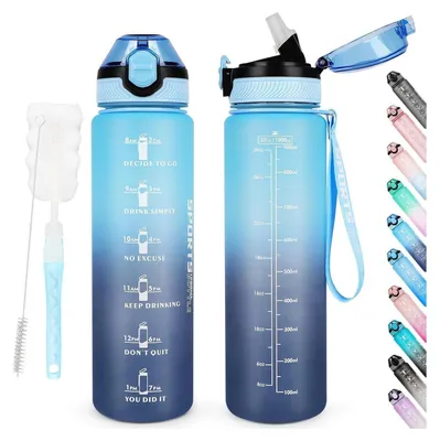 Image de Gourde AOHAN 1L sans BPA avec paille et marqueurs de temps hydro bleu