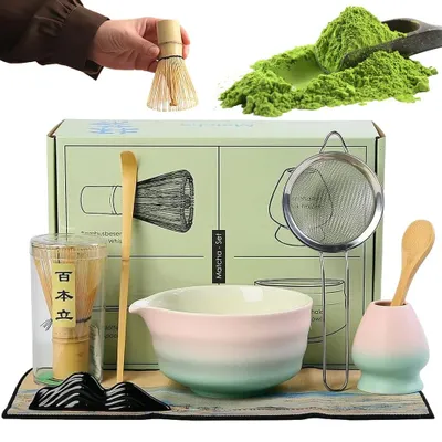 Produktbild von Matcha-Teeset - 8-teiliges Set - Keramikschale 12 cm - Matcha-Besen - Sieb - Löffel - Handtuch - Geschenkset