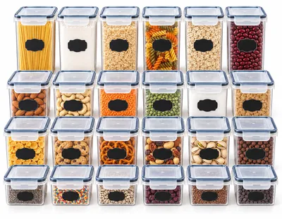 Produktbild von Relaxdays Vorratsdosen, 24er Set, mehrere Größen, luftdichter Klickdeckel, Etiketten, Lebensmittelbehälter, transparent, KI-generiertes Bild