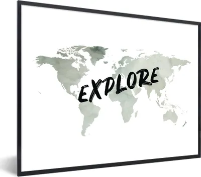 Produktbild von MuchoWow® Gerahmtes Poster Weltkarte - Reisen - Weiß 80x60 cm - Poster mit Schwarzem Bilderrahmen Wandposter Rahmen Foto Bilder - Schwarzem - Mit Gestell