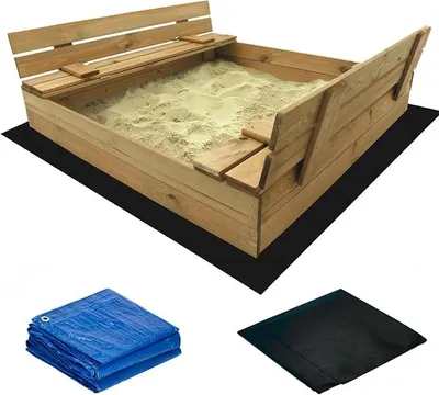 Imagen del producto de Caja de arena, caja de arena. Incluye funda para el suelo y cubierta. Caja de arena para niños, caja de arena con banco, madera, tratada, banco con asiento. Con bancos plegables. Dimensiones: 120x120x20 cm