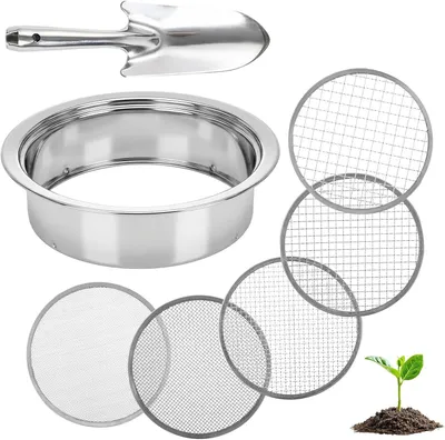 Productafbeelding van 5-in-1 tuinzifter van roestvrij staal voor compost, met 5 zeefmaten (diameter 1,3, 6, 9 en 12 mm) - 30 cm grondzeef voor aarde, stenen, onkruid en zand