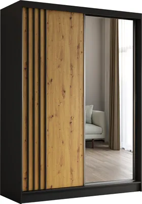 Produktbild von ALTDECOR Kleiderschrank mit Spiegel und Schiebetüren, kugelgelagerte Führungsschienen und Aluminium-Leisten - NALLA - 160 cm (Schwarz + Artisan + Schwarz)