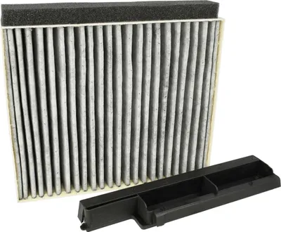 A car cabin air filter and its black plastic housing are shown against a white background.