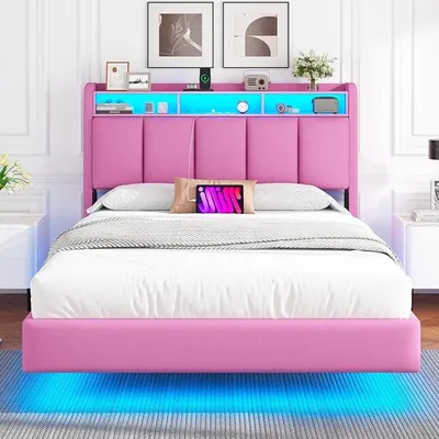 Zdjęcie produktu dla Łóżko tapicerowane 140x200 cm, łóżko platformowe z oświetleniem LED, zagłówkiem i stacją ładowania (2 gniazda AC, 2 porty USB). Łóżko 140x200 z pojemnikiem na pościel, łóżko młodzieżowe 140x200 z materacem sprężynowym, pościel, kolor różowy