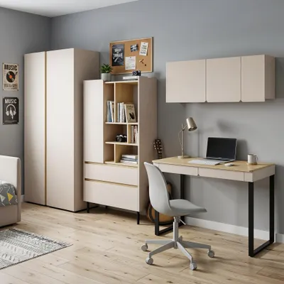 Produktbild von Jugendzimmer Set 4-tlg. LICO Sandbeige – Kleiderschrank, Schreibtisch, Bücherregal & Hängeschrank, Möbelset, Komplettset, Moderne Jugendzimmermöbel