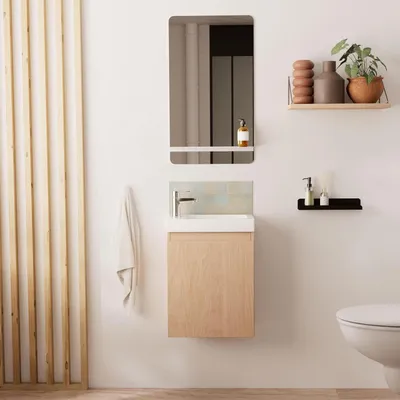 Image de Meuble de salle de bain blanc - Armoire à linge - Lavabo - Miroir - Meuble de toilette - Compact - Lavabo en céramique réversible