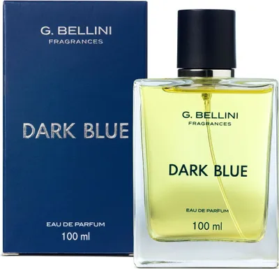 A bottle of G. Bellini Dark Blue Eau de Parfum and its packaging are displayed against a white background.