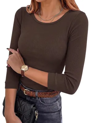 Image de T-shirt pour femmes, manches 3/4, couleur marron unie