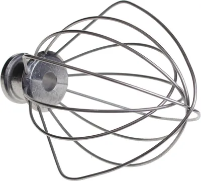 A close-up, isolated shot of a silver wire whisk attachment for a stand mixer.