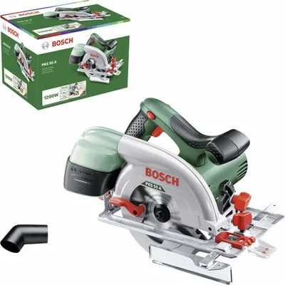 Imagen del producto de Sierra circular manual eléctrica Bosch PKS 55 A, 1200 vatios, profundidad de corte de 55 mm, con sistema de aspiración de polvo