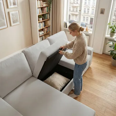 Zdjęcie produktu dla Sofa narożna 245,5 cm z schowkiem i pufą – zestaw wypoczynkowy w kolorze jasnoszarym, sprężyny kieszeniowe, konstrukcja modułowa, nowoczesna i wygodna, do dużego salonu