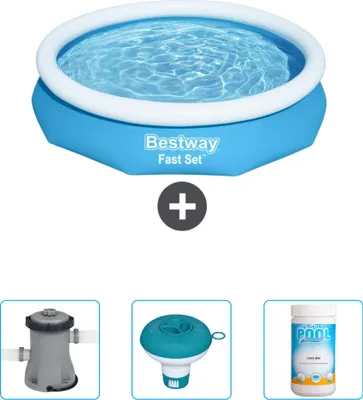 Produktbild von Bestway runder aufblasbarer Fast-Set-Pool – 305 x 66 cm – Blau – im Lieferumfang enthalten Pumpe - Chlorschwimmer - Chlor