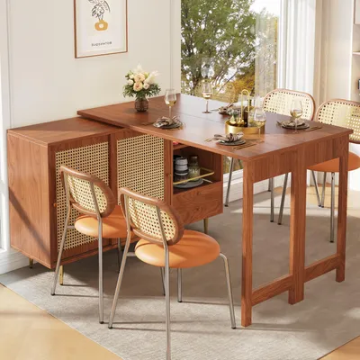 Image de OKWISH Table Bar Rotative 360° Extensible - Avec Rangement et Portes en Rotin, Table Haute Modulable pour Cuisine Brun