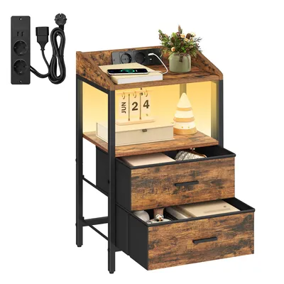 Produktbild von Nachttisch 2er Set, mit LED-Leuchten und ladefunktion, Beistelltisch mit 2 Stoff-Schubladen mit USB-Anschlüssen & Steckdosen, für Schlafzimmer