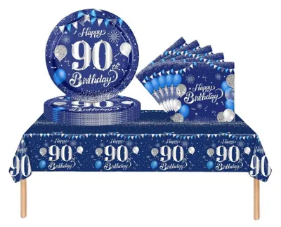 Obrázek produktu pro Sada nádobí na oslavu 90. narozenin, 37 kusů, tmavě modrá barva, stříbrné detaily, včetně ubrusu, talířů a ubrousků, určená pro dospělé