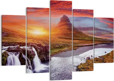 Produktbild von Bild auf Leinwand - Leinwandbild - 5 Teile - Kirkjufell Wasserfall Berg - 150x100cm - Wand Bild - Wanddeko - Wandbilder - Leinwanddruck - Bilder - Wanddekoration - Leinwand bilder - EA150x100-4704