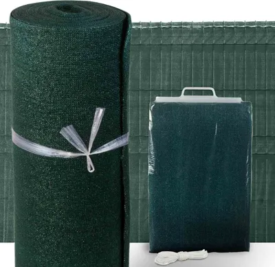 A roll of green privacy screen and a packaged roll of the same material are displayed against a background of installed privacy screen.