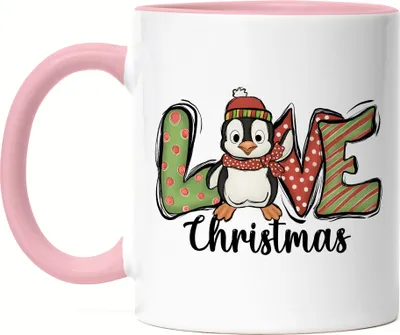 Produktbild von Love Christmas Tasse Rosa Geschenkidee Weihnachts-Fans Pinguin-Motiv für Weihnachten für Kinder Familie