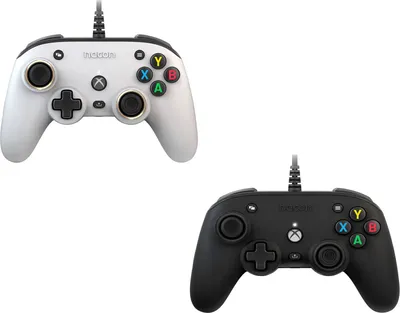 Two NACON XBOX Compact Controllers, one white and one black, are displayed against a white background.
