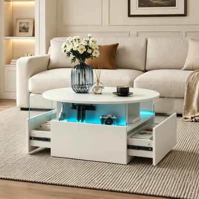 Produktbild von Radelldar Runder höhenverstellbarer Couchtisch mit LED-Beleuchtung, Stauraum und 2 Schubladen, 78 x 78 x 40 cm, Weiß