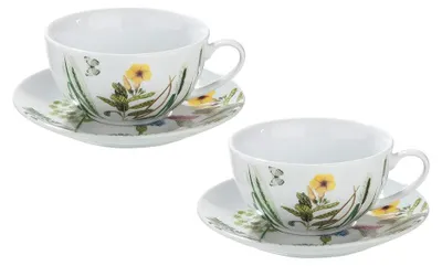 Produktbild von Gilde 4tlg. Set, Tasse / Becher, "Wild Flowers", Blumendesign, Schmetterlingmotiv, Blumenmuster, Porzellan, grün, weiß, , H. 6,5 cm, D. 15 cm 49533