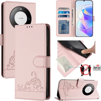 Produktbild von Leder Hülle für Huawei Mate 60 Pro/Mate 60 Pro+ Süße Katze Flip Case Brieftasche Schutzhülle mit Standfunktion Pink