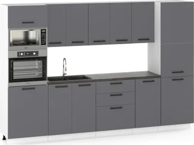 Produktbild von ULWEHOME | Küchenzeile 300 cm Graphit, Küchenmöbel-Set Anthrazit mit Arbeitsplatten 3 m, Gerätehochschrank, Vorratsschrank, Küchenblock